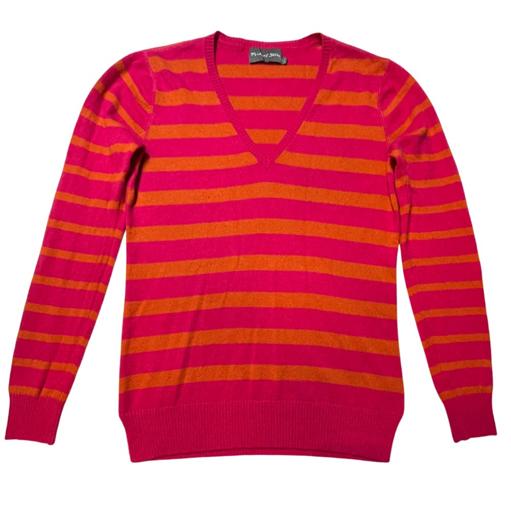 Michael Stars Pink Orange Striped V-Neck Wool Blend Sweater 2 Pullover Knit